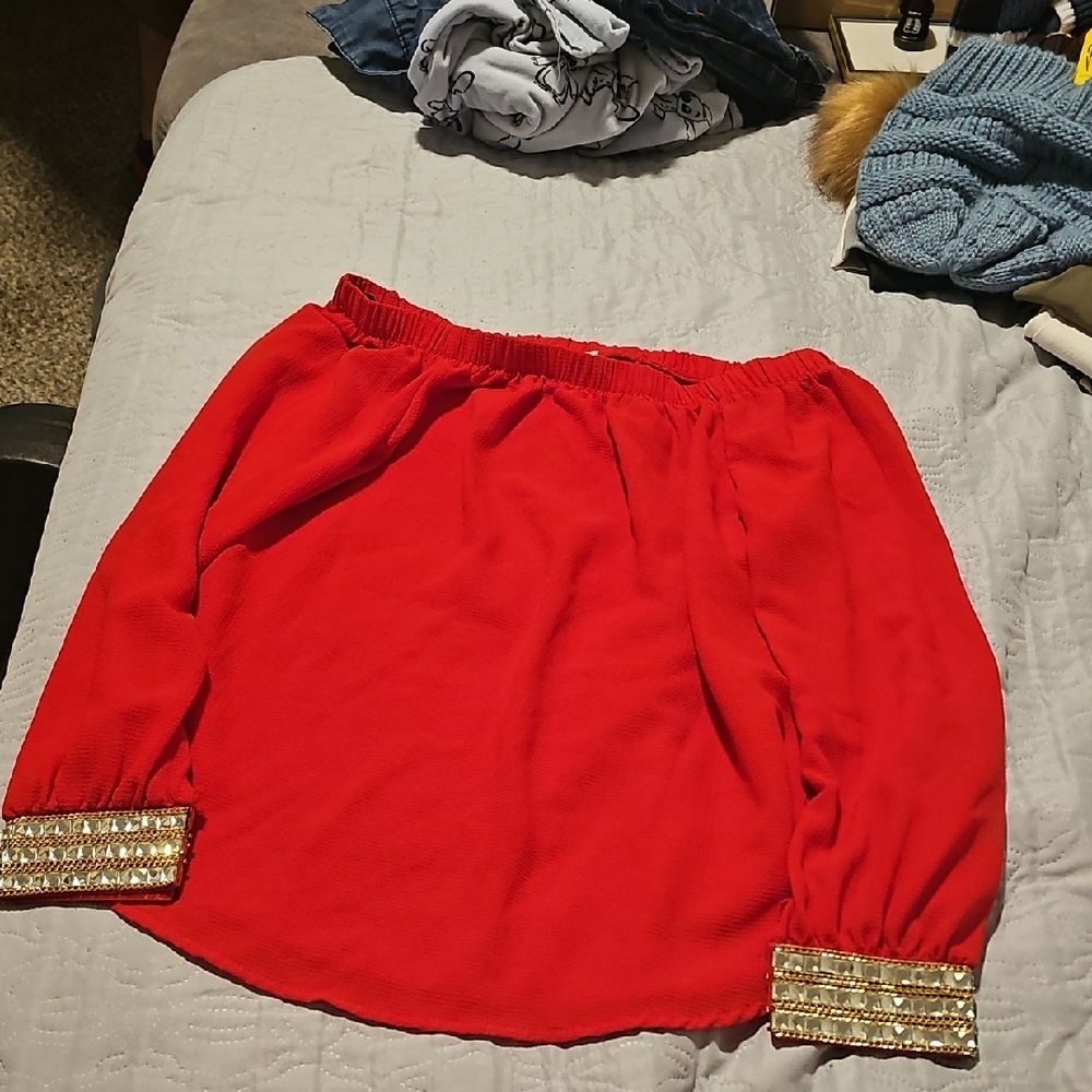 Elegant Red Off-Shoulder Blouse with Gold Accents
